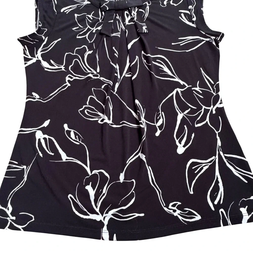 Karl Lagerfeld Paris Black White Floral Sleeveless Bow Neck Top Women's Size S - Picture 2 of 9